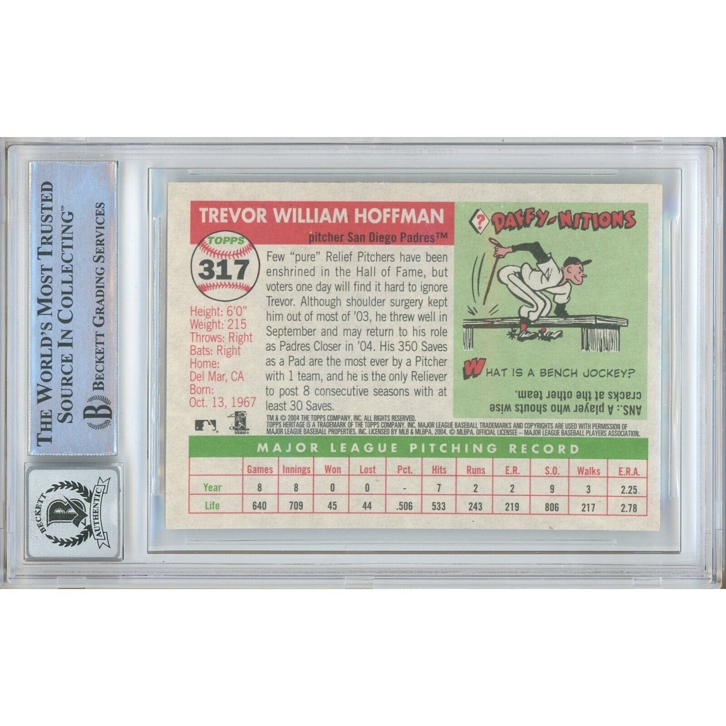 Baseballs- Autographed- Trevor Hoffman San Diego Padres Signed 2004 Topps Heritage Trading Card Beckett Authentic BGS Auto-10 Graded Slab Back