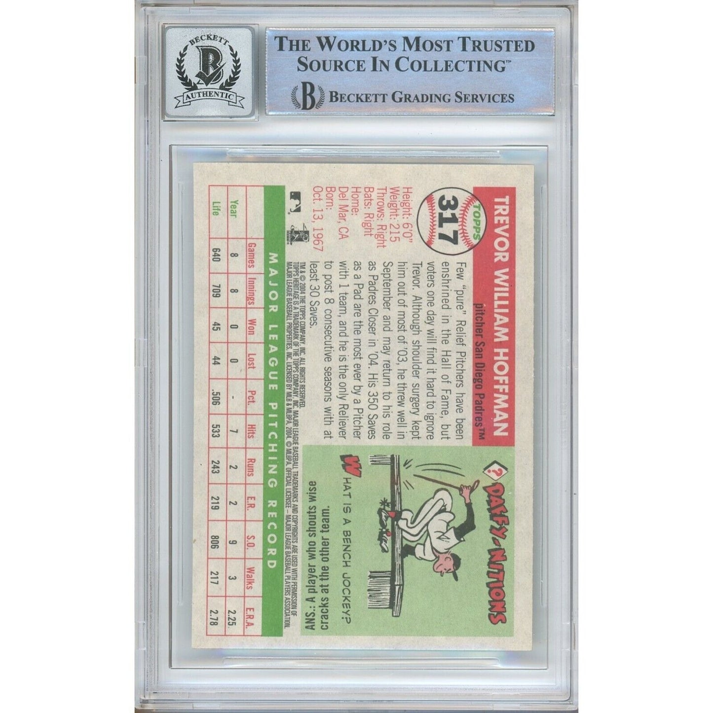 Baseballs- Autographed- Trevor Hoffman SD Padres Signed 2004 Topps Heritage Trading Card Beckett Authentic BGS Auto-10 Graded Slab Back