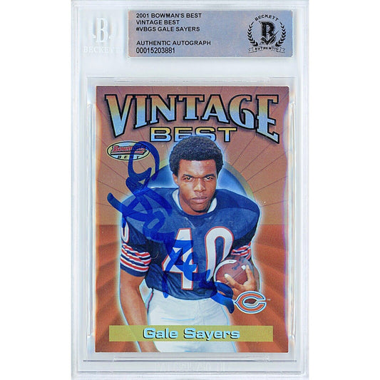 Footballs- Autographed- Gale Sayers Chicago Bears Signed 2001 Bowmans Best Vintage Best Football Card Beckett Authentic Auto Slab Front