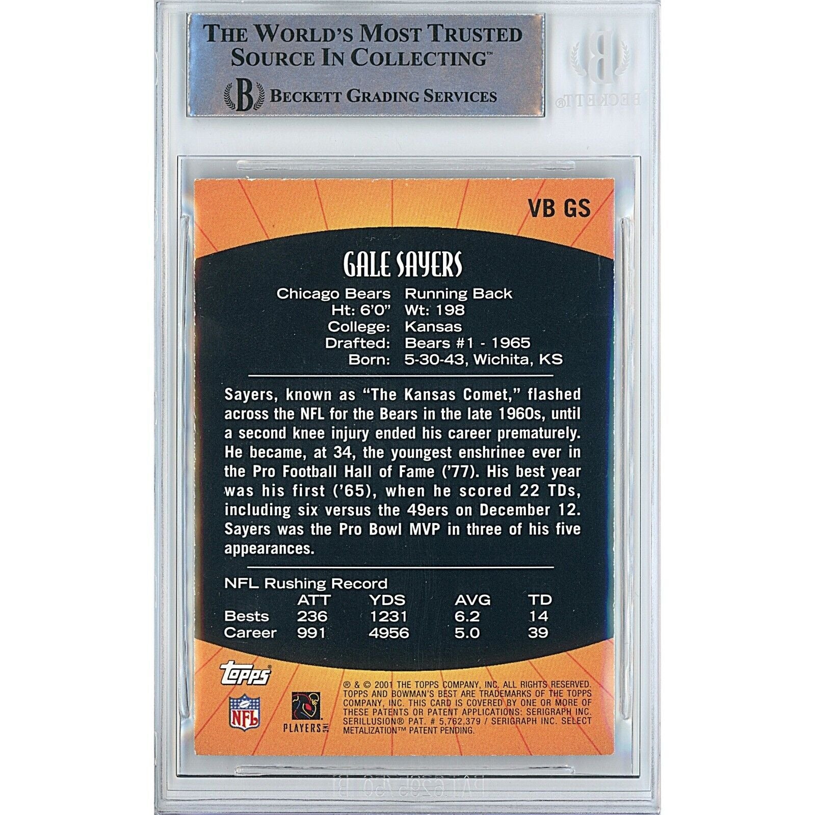 Gale Sayers Chicago Bears signed trading card – signature close-up – Beckett COA