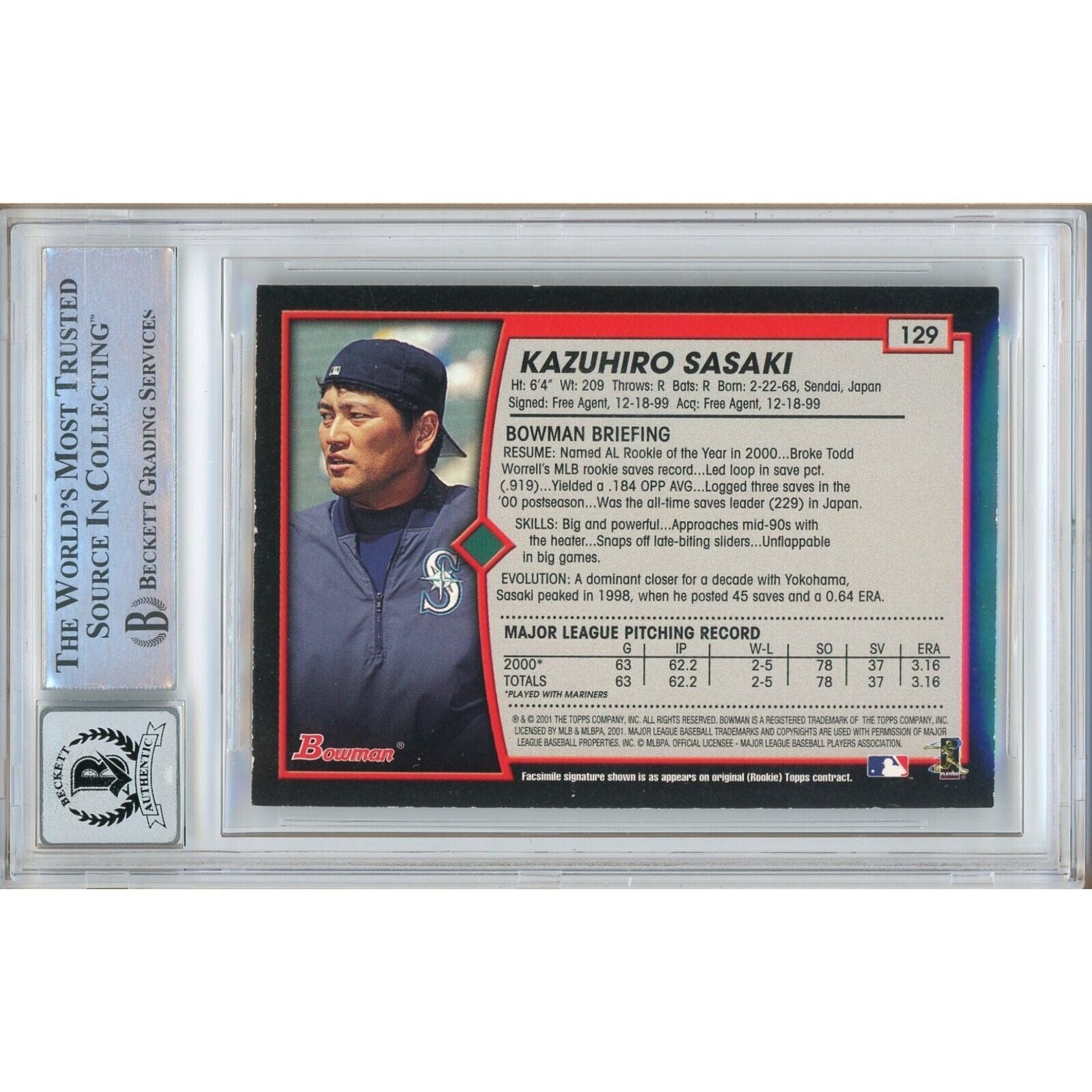 Baseballs- Autographed- Kazuhiro Sasaki Seattle Mariners Signed 2001 Bowman Baseball Card Beckett Authentic Auto Slab Back