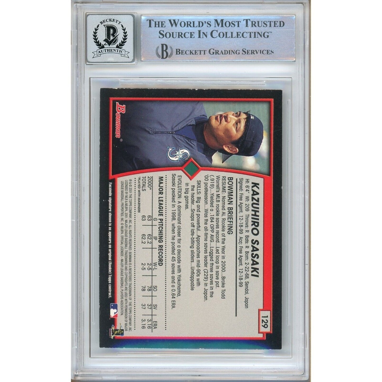 Baseballs- Autographed- Kazuhiro Sasaki Seattle Mariners Signed 2001 Bowman Baseball Card Beckett Authenticated Auto Slab Back