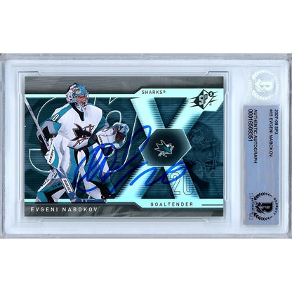 Hockey- Autographed- Evgeni Nabokov San Jose Sharks Signed 2007-08 Upper Deck SPx Hockey Card Beckett Authentic Auto Slab Front