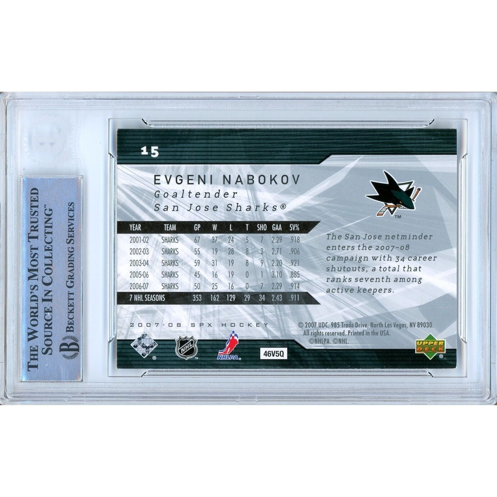 Hockey- Autographed- Evgeni Nabokov San Jose Sharks Signed 2007-08 Upper Deck SPx Hockey Card Beckett Authentic Auto Slab Back