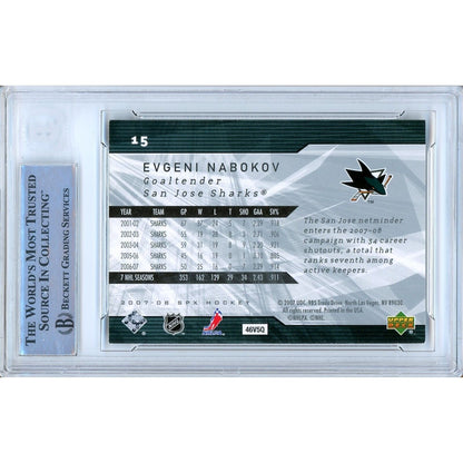 Hockey- Autographed- Evgeni Nabokov San Jose Sharks Signed 2007-08 Upper Deck SPx Hockey Card Beckett Authentic Auto Slab Back