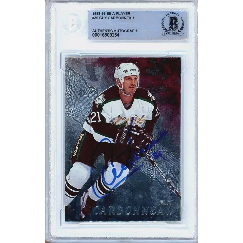 Hockey- Autographed- Guy Carbonneau Dallas Stars Signed 1998-99 BAP Be A Player Hockey Card Beckett Authentic Auto Slab Front