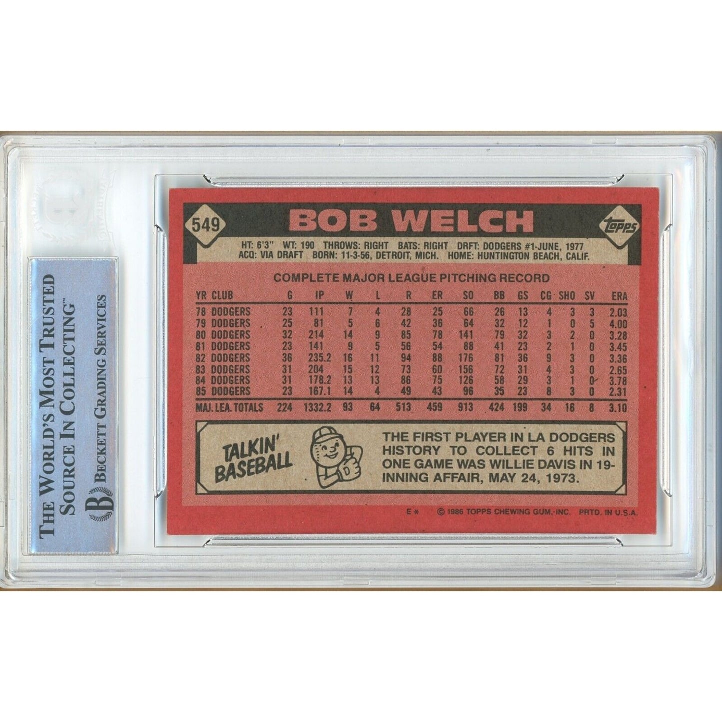 Baseballs- Autographed- Bob Welch Los Angeles Dodgers Signed 1986 Topps Baseball Card Beckett Authentic Auto Slab Back