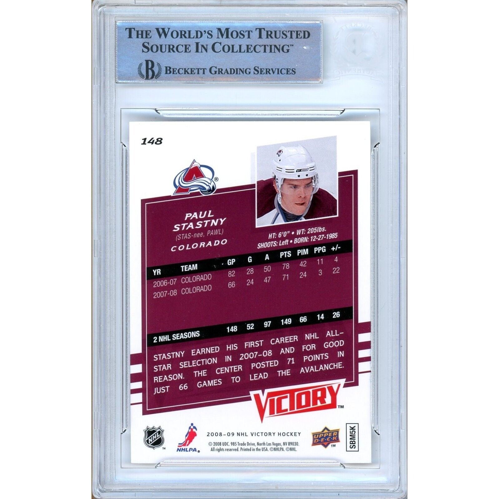 Hockey- Autographed- Paul Stastny Colorado Avalanche Signed 2008-09 Upper Deck Victory Hockey Card Beckett Authentic Auto Slab Back