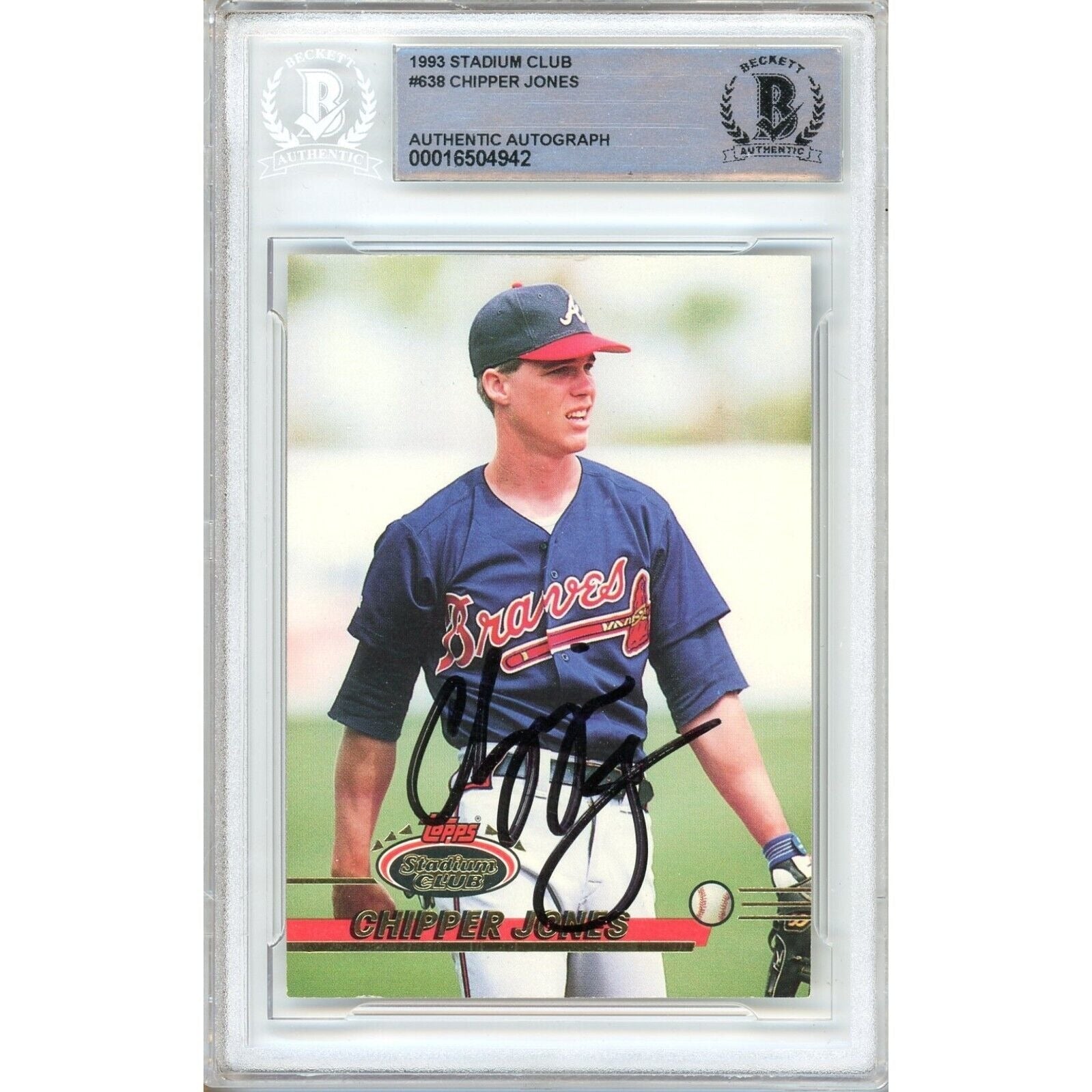 Chipper Jones Topps Stadium Club Autographed Trading Card Beckett BAS