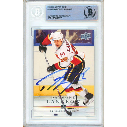 Hockey- Autographed- Daymond Langkow Calgary Flames Signe 2008-09 Upper Deck Hockey Card Beckett Authentic Auto Slab Front