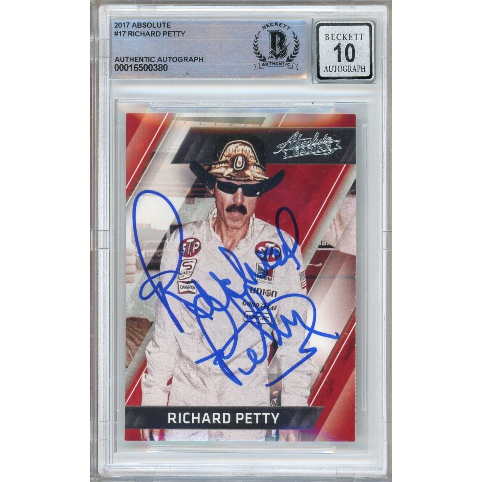 Nascar- Autographed- Richard Petty Signed 2017 Panini Absolute Auto Racing Trading Card Beckett Authentic BGS Auto-10 Graded Slab Front