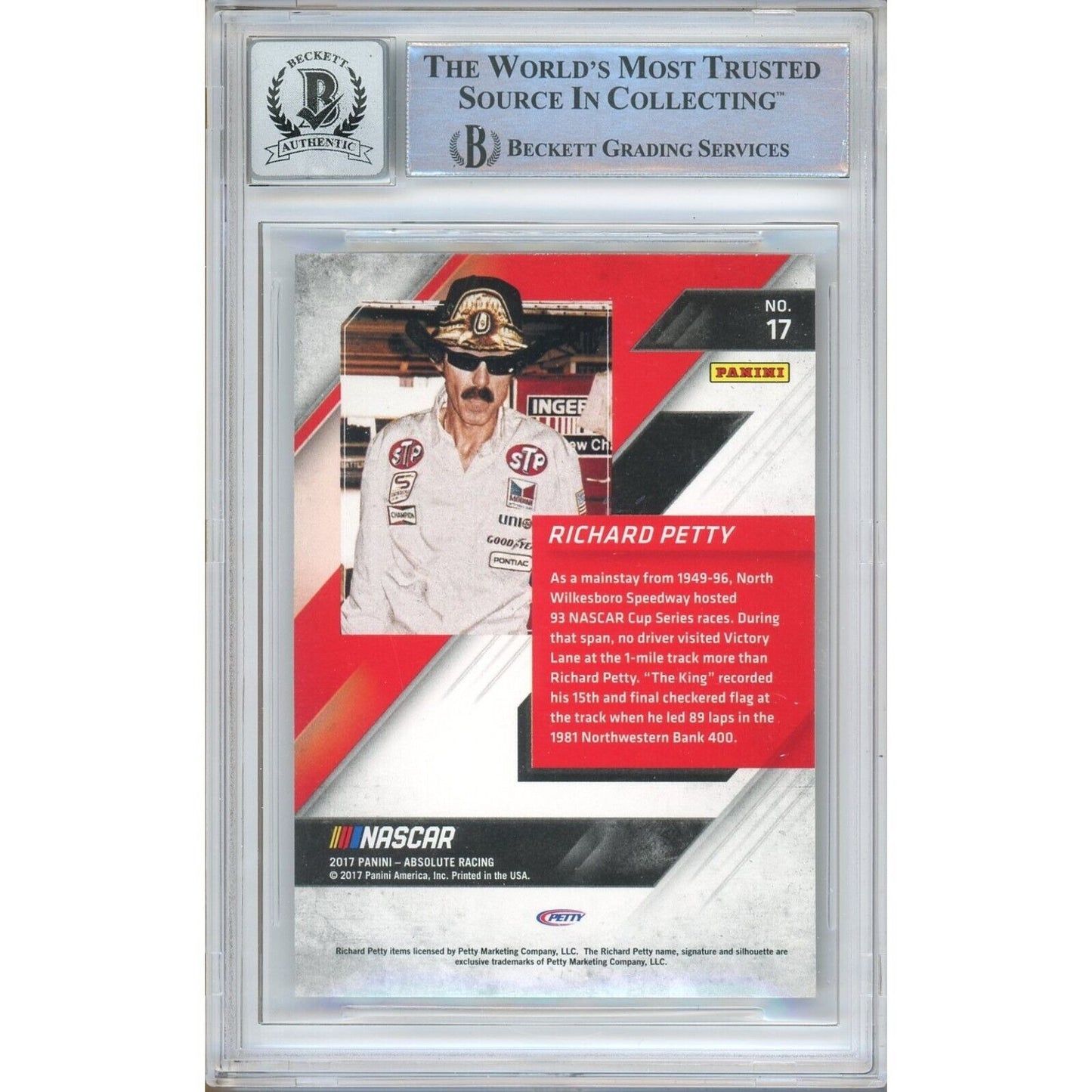 Nascar- Autographed- Richard Petty Signed 2017 Panini Absolute Auto Racing Trading Card Beckett Authentic BGS Auto-10 Graded Slab Back