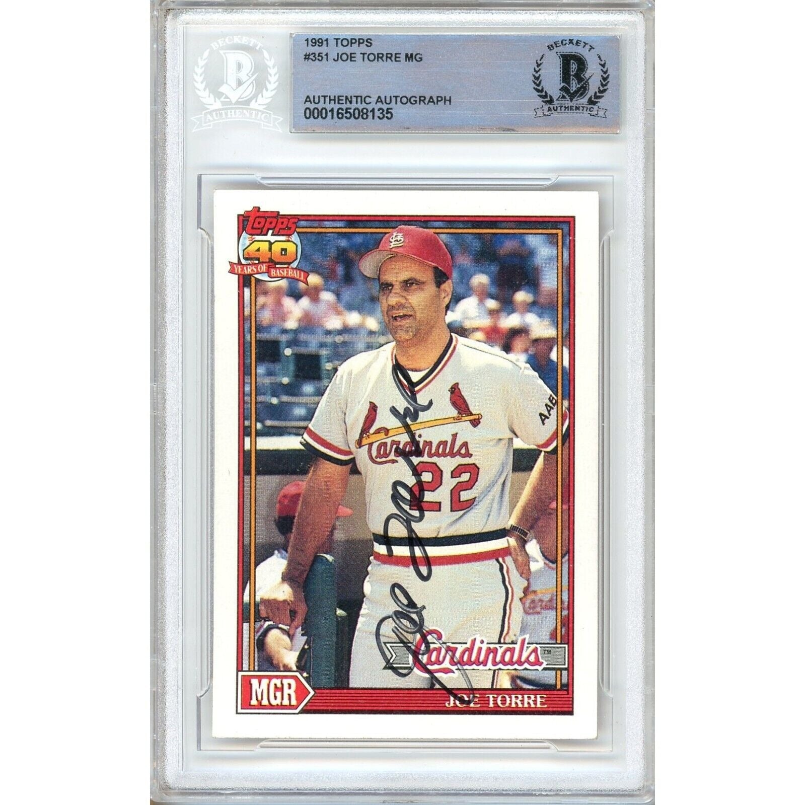 Joe Torre St Louis Cardinals autographed trading card – full view – Beckett COA
