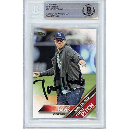 Baseballs- Autographed- Tony Hawk San Diego Padres Signed 2016 Topps First Pitch Trading Card Beckett Authentic Auto Slab Front