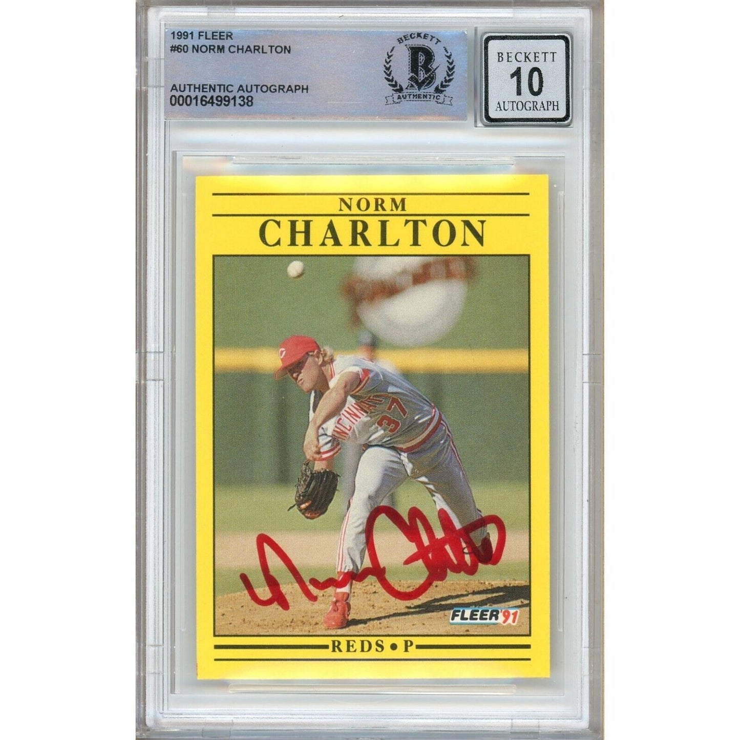 Baseballs- Autographed- Norm Charlton Cincinnati Reds Signed 1991 Fleer Baseball Card Beckett Authentic BGS Auto-10 Graded Slab Front