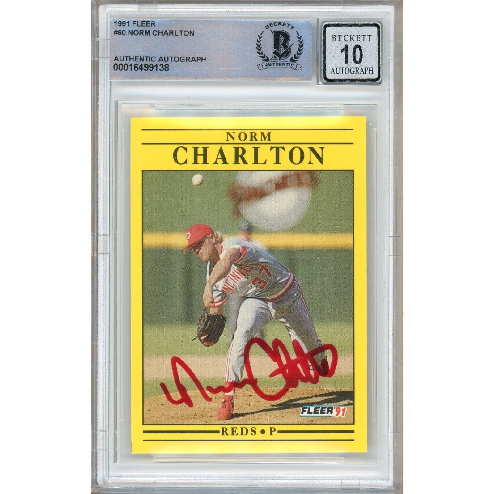 Norm Charlton Cincinnati Reds autographed trading card – full view – Beckett COA