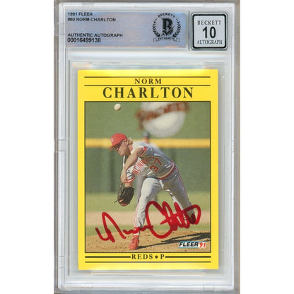 Baseballs- Autographed- Norm Charlton Cincinnati Reds Signed 1991 Fleer Baseball Card Beckett Authentic BGS Auto-10 Graded Slab Front