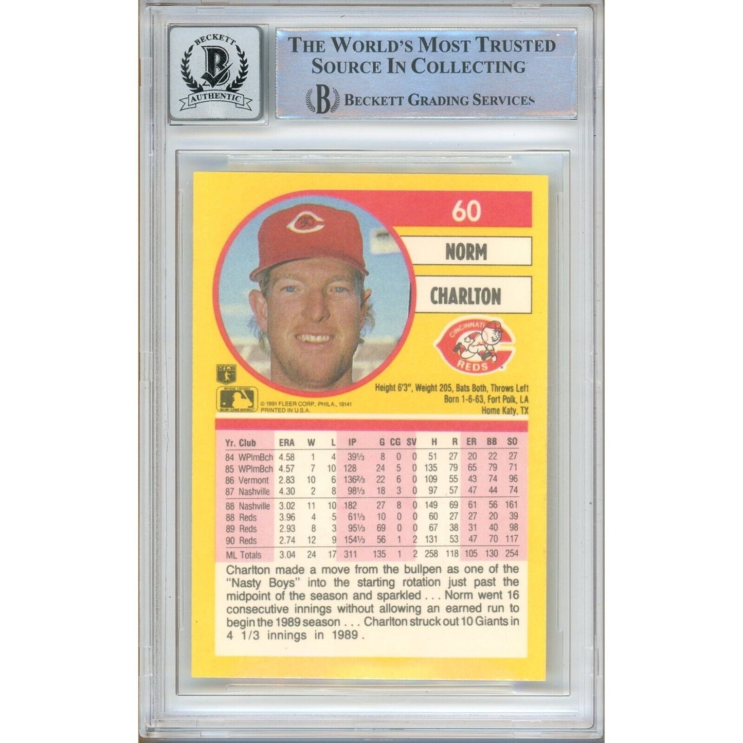 Baseballs- Autographed- Norm Charlton Cincinnati Reds Signed 1991 Fleer Baseball Card Beckett Authentic BGS Auto-10 Graded Slab Back