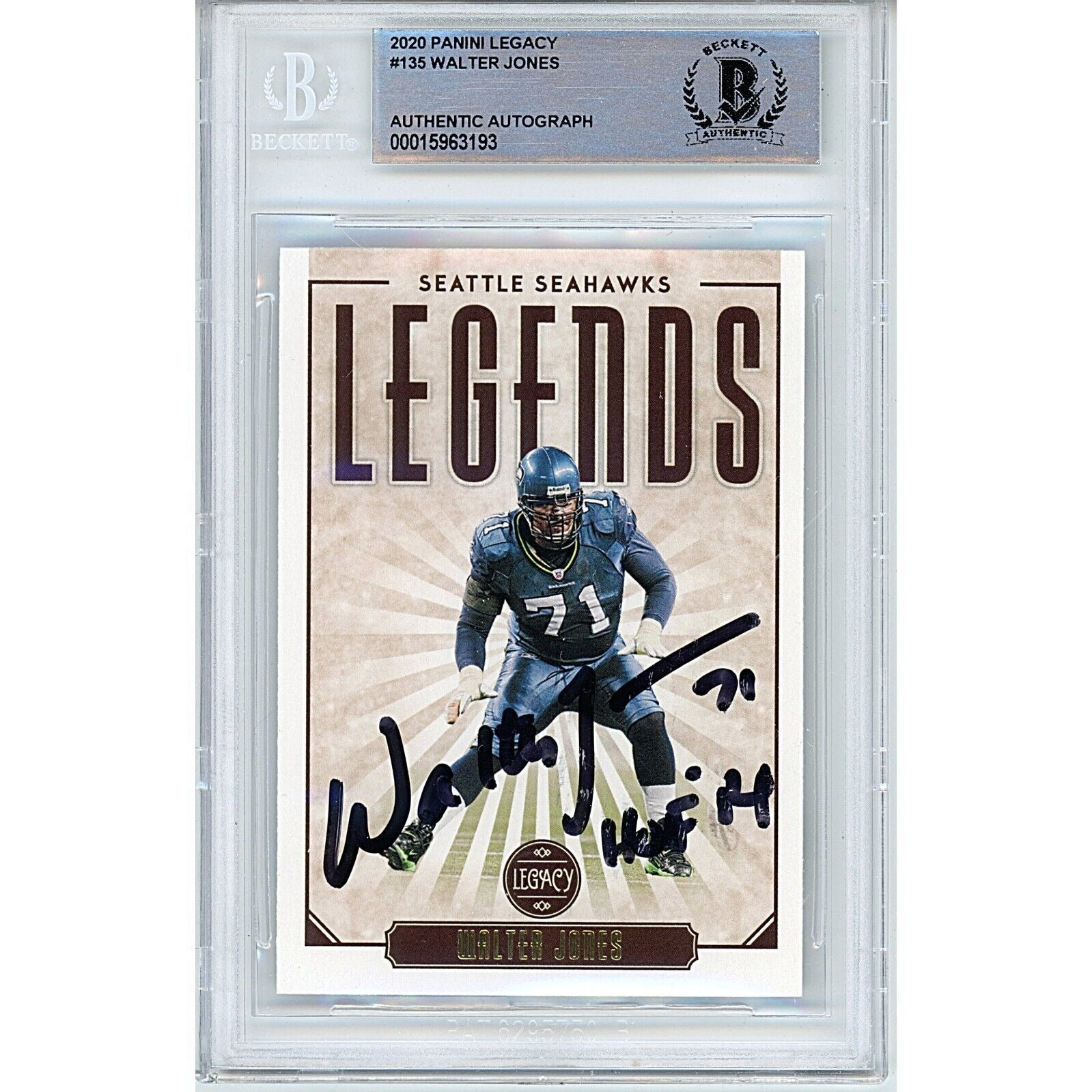 Footballs- Autographed- Walter Jones Seattle Seahawks Signed 2020 Panini Legacy Trading Card Beckett Authentic Auto Slab Front