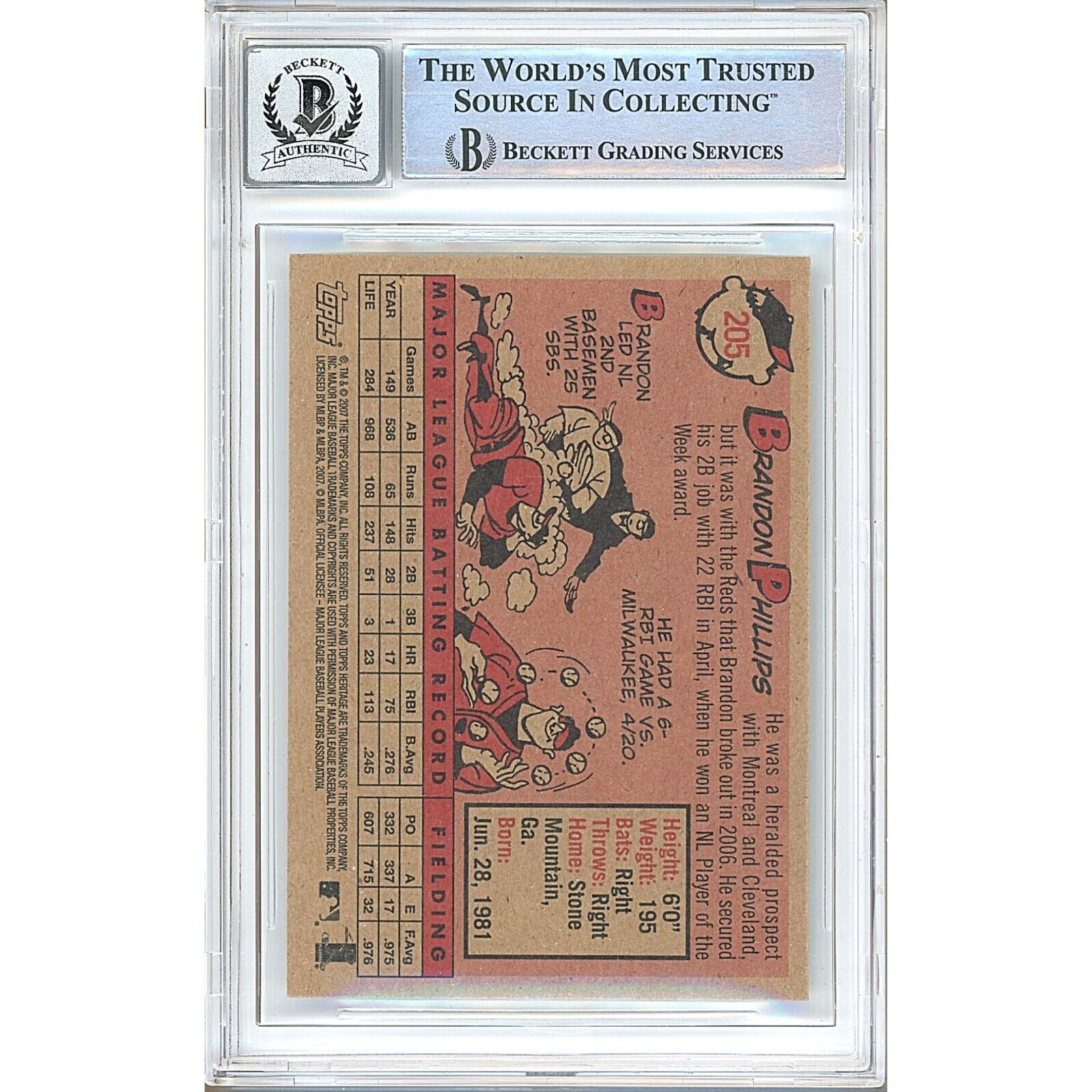 Baseballs- Autographed- Brandon Phillips Cincinnati Reds Signed 2007 Topps Heritage Baseball Card Beckett Authenticated BGS Auto-10 Graded Slab Back