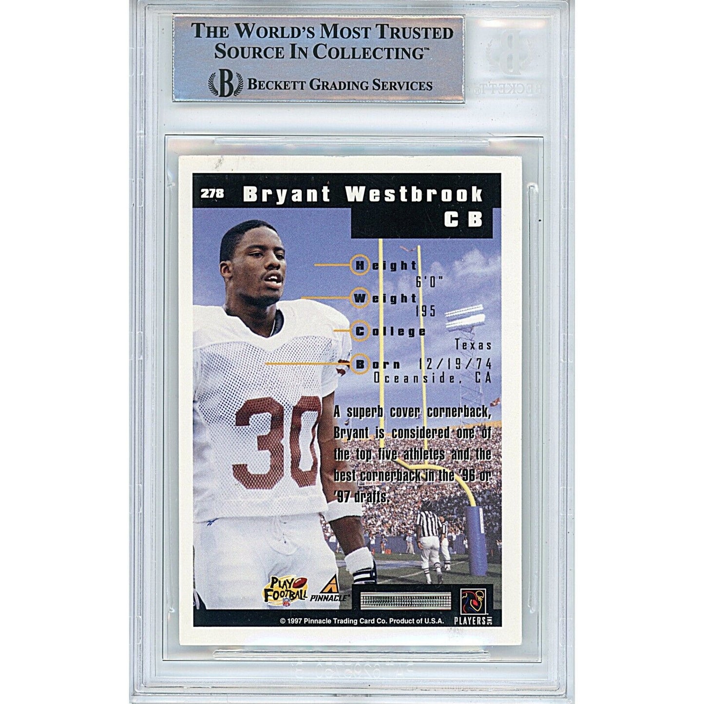 Footballs- Autographed- Bryant Westbrook Texas Longhorns Signed 1997 Score Football Card Beckett Authentic Auto Slab Back