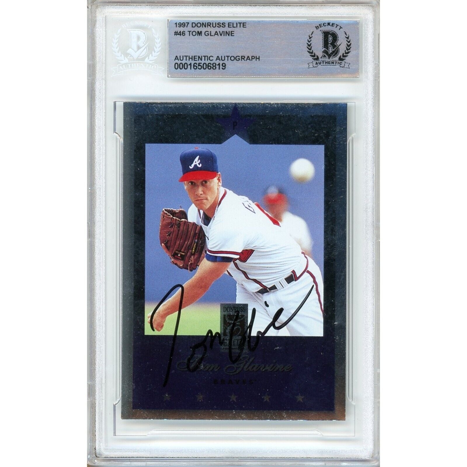 Baseballs- Autographed- Tom Glavine Atlanta Braves Signed 1997 Donruss Elite Trading Card Beckett Authentic Auto Slab Front