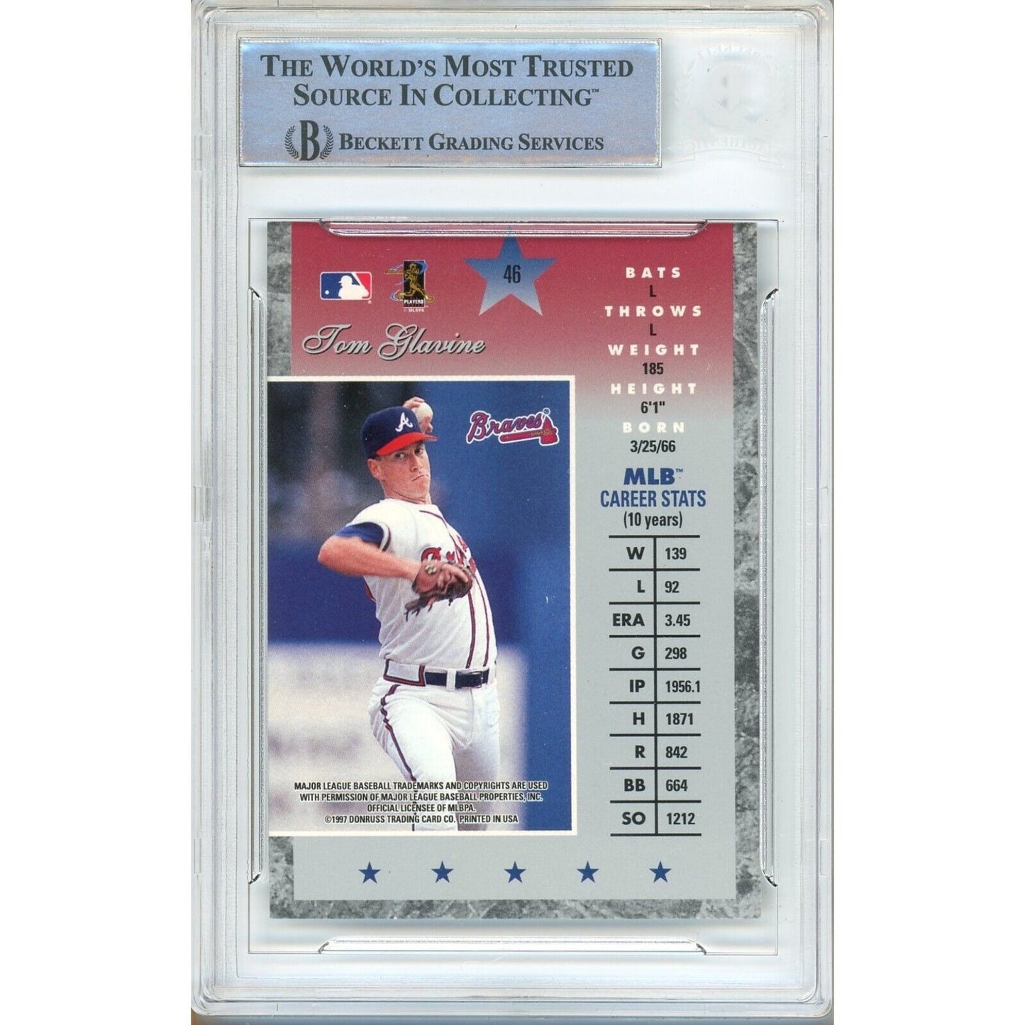 Baseballs- Autographed- Tom Glavine Atlanta Braves Signed 1997 Donruss Elite Trading Card Beckett Authentic Auto Slab Back