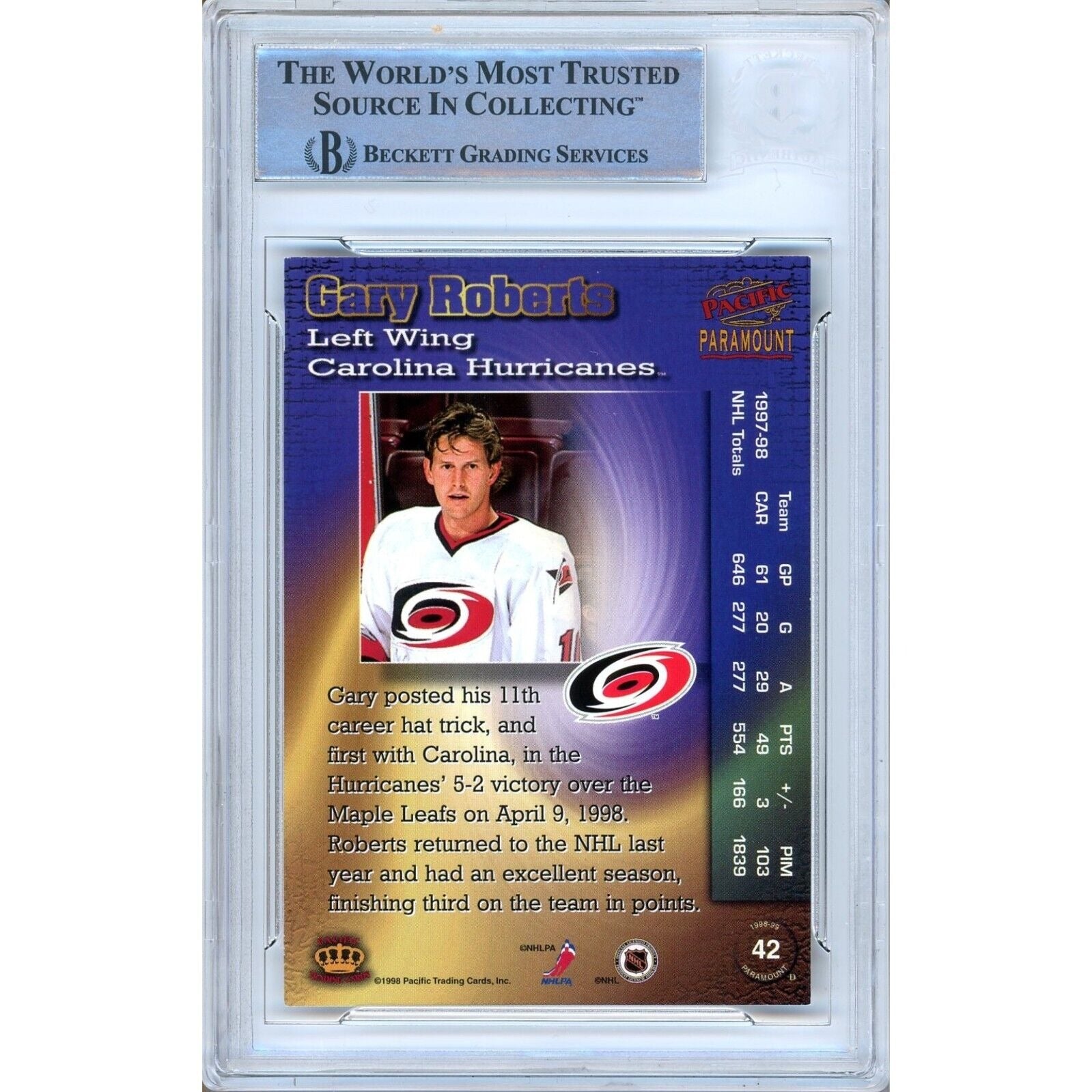 Hockey- Autographed- Gary Roberts Carolina Hurricanes Signed 1998-99 Pacific Paramount Hockey Card Beckett Authentic Auto Slab Back