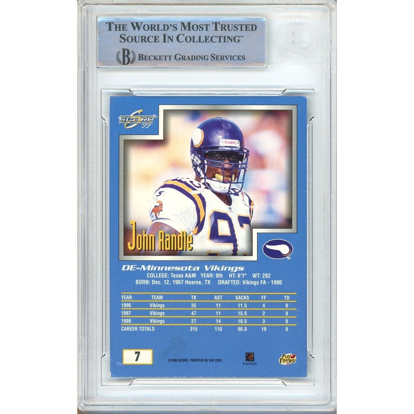 Footballs- Autographed- John Randle Minnesota Vikings Signed 1999 Score Football Card Beckett Authentic Auto Slab Back