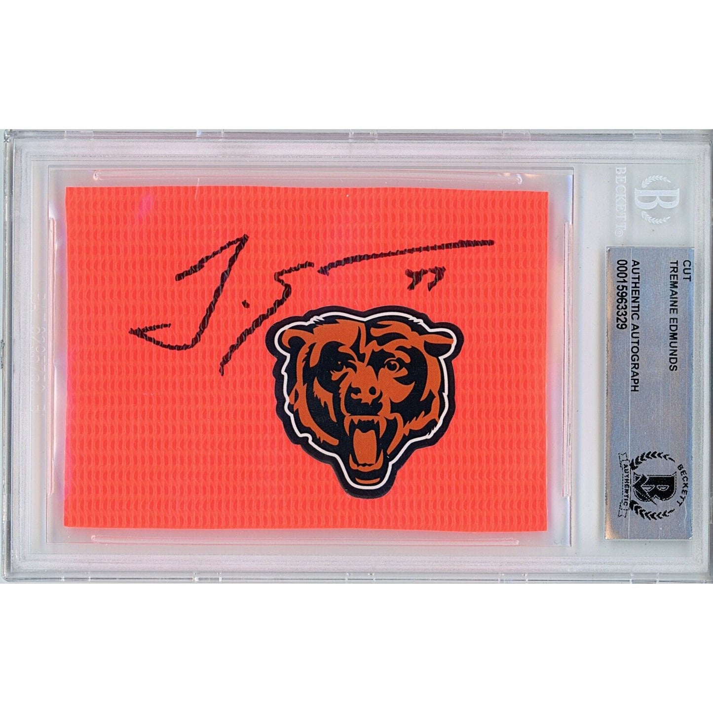 Footballs- Autographed- Tremaine Edmunds Chicago Bears Signed Football End Zone Pylon Signature Cut Beckett Authentic Auto Slab Front