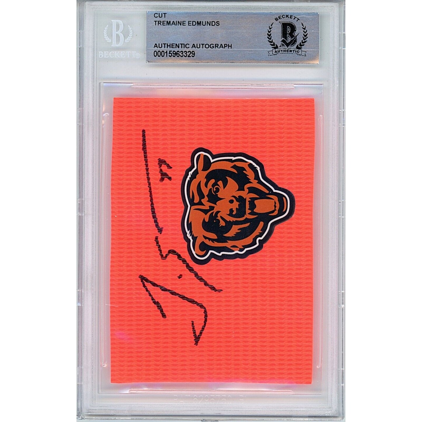 Footballs- Autographed- Tremaine Edmunds Chicago Bears Signed Football End Zone Pylon Signature Cut Beckett Authenticated Auto Slab Front