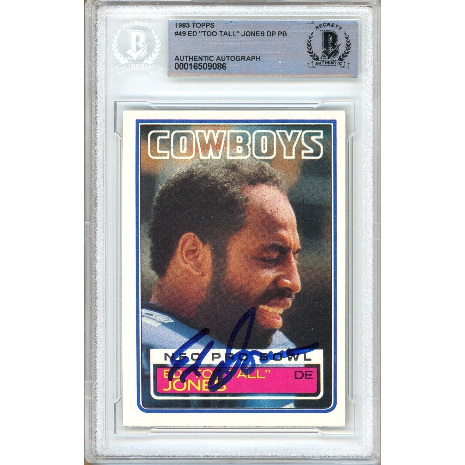 Footballs- Autographed- Ed Too Tall Jones Dallas Cowboys Signed 1983 Topps Football Card Beckett Authentic Auto Slab Front