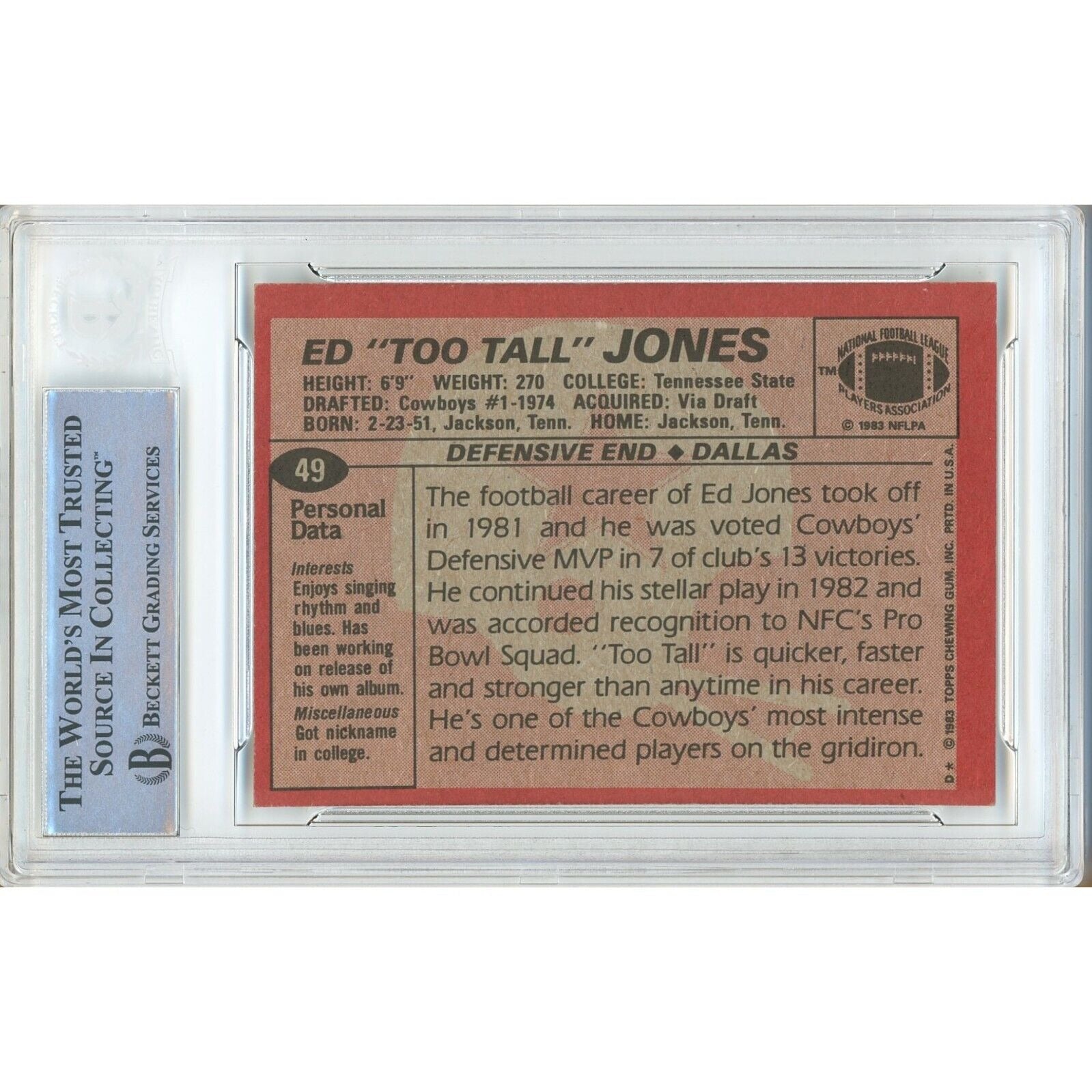 Footballs- Autographed- Ed Too Tall Jones Dallas Cowboys Signed 1983 Topps Football Card Beckett Authentic Auto Slab Back