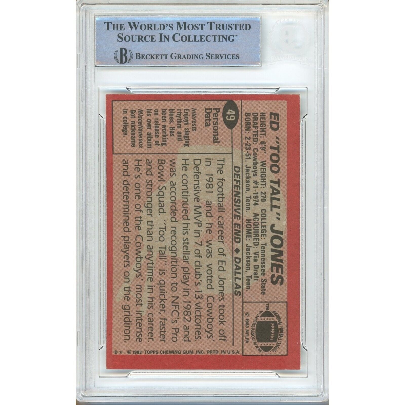 Ed Too Tall Jones Dallas Cowboys auto trading card – authentication sticker – Beckett COA