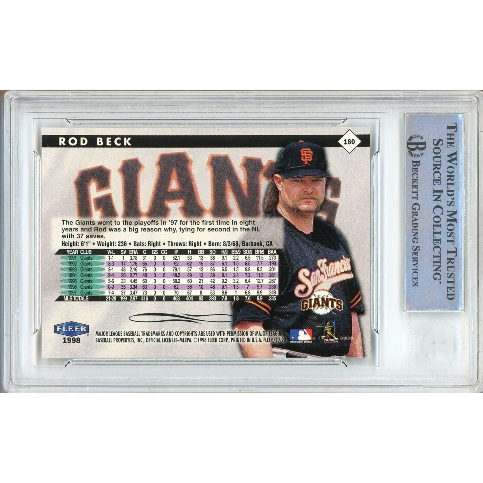 Baseballs- Autographed- Rod Beck SF Giants Signed 1998 Fleer Tradition Trading Card Beckett Authentic Auto Slab Back