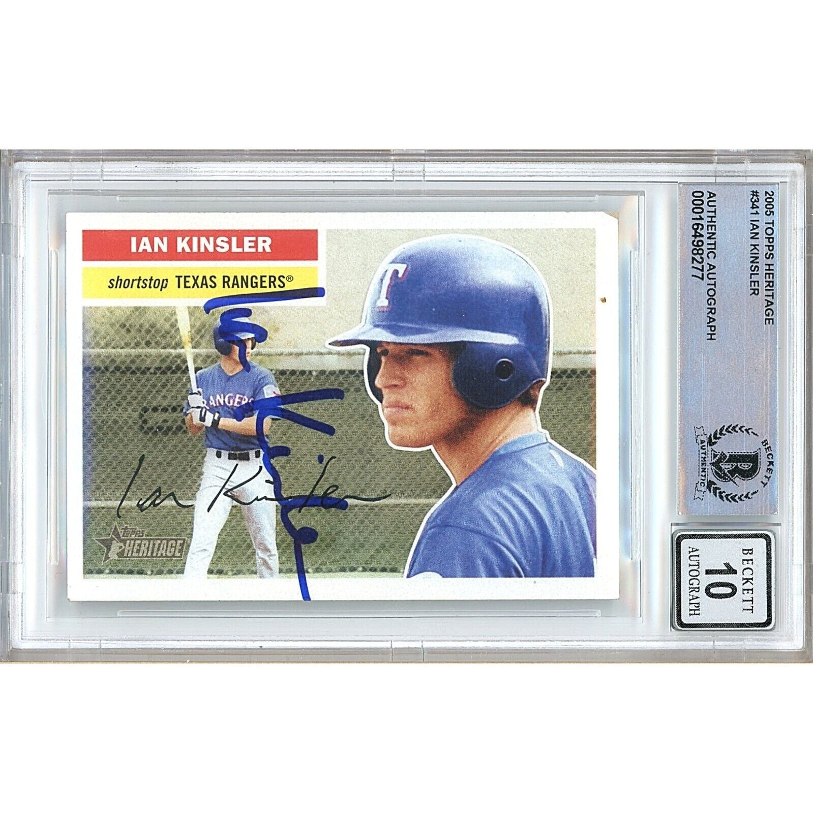 Baseballs- Autographed- Ian Kinsler Texas Rangers Signed 2005 Topps Heritage Baseball Card Beckett Authentic BGS Auto-10 Graded Slab Front