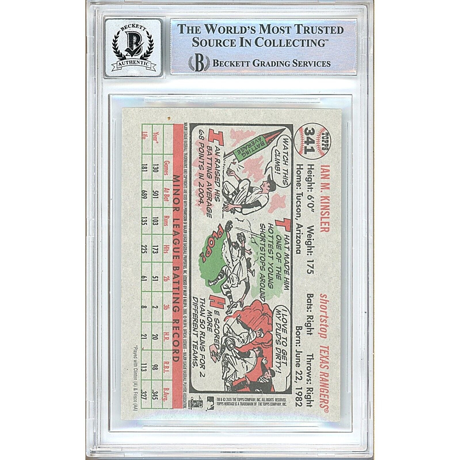 Baseballs- Autographed- Ian Kinsler Texas Rangers Signed 2005 Topps Heritage Baseball Card Beckett Authentic BGS Auto-10 Graded Slab Back