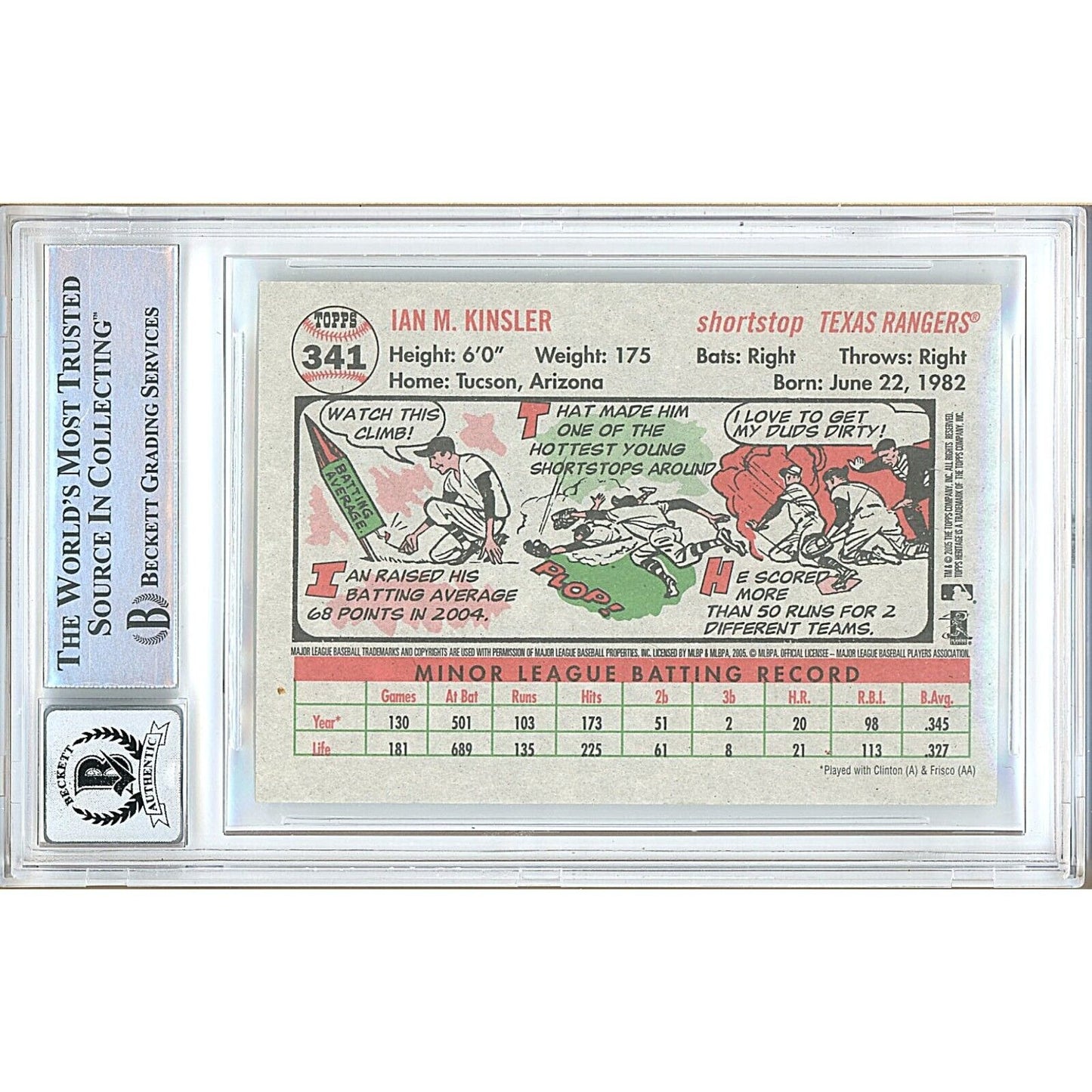 Baseballs- Autographed- Ian Kinsler Texas Rangers Signed 2005 Topps Heritage Baseball Card Beckett Authenticated BGS Auto-10 Graded Slab Back