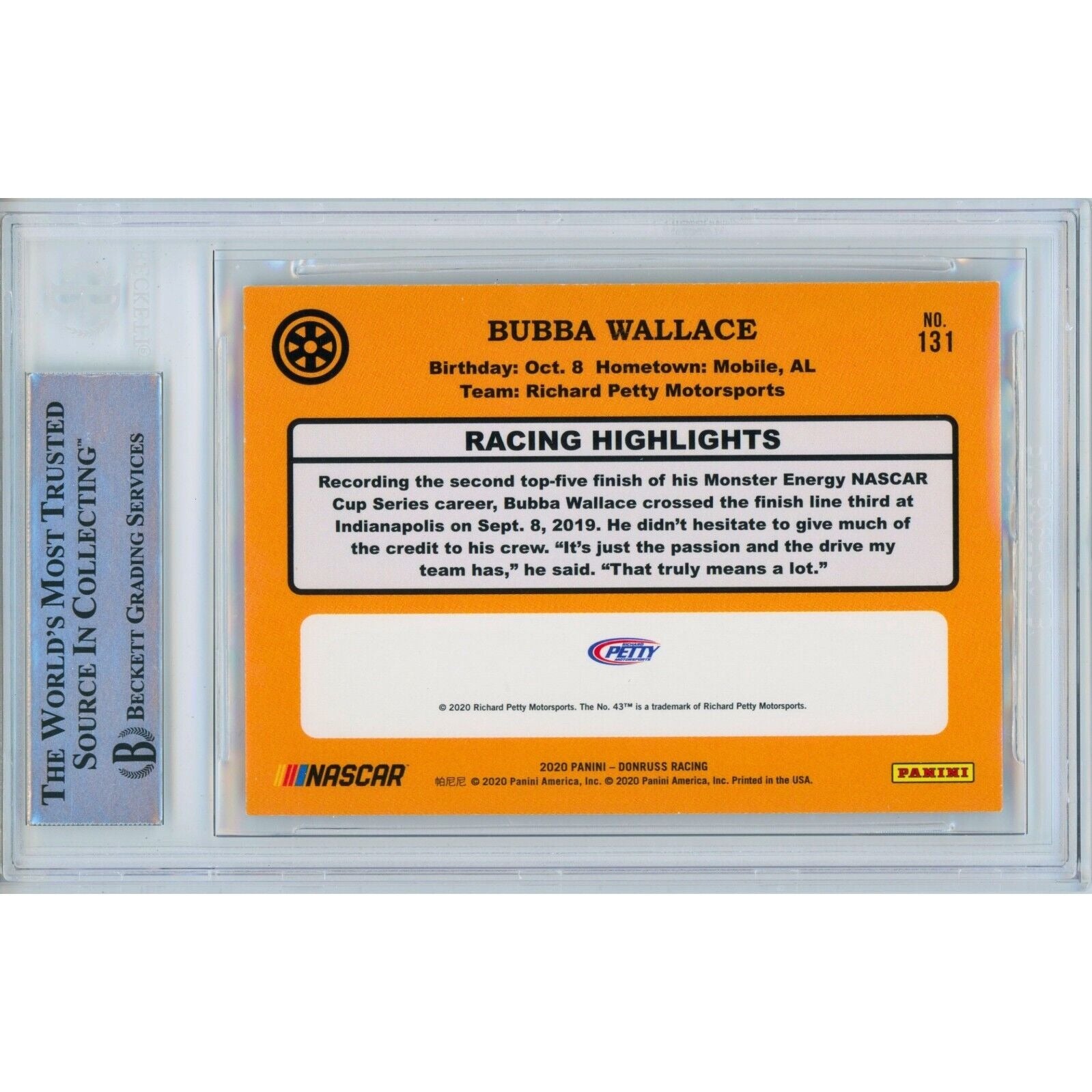 Nascar- Autographed- Bubba Wallace Signed 2020 Donruss Retro Auto Racing Card Beckett Authentic Slab Back