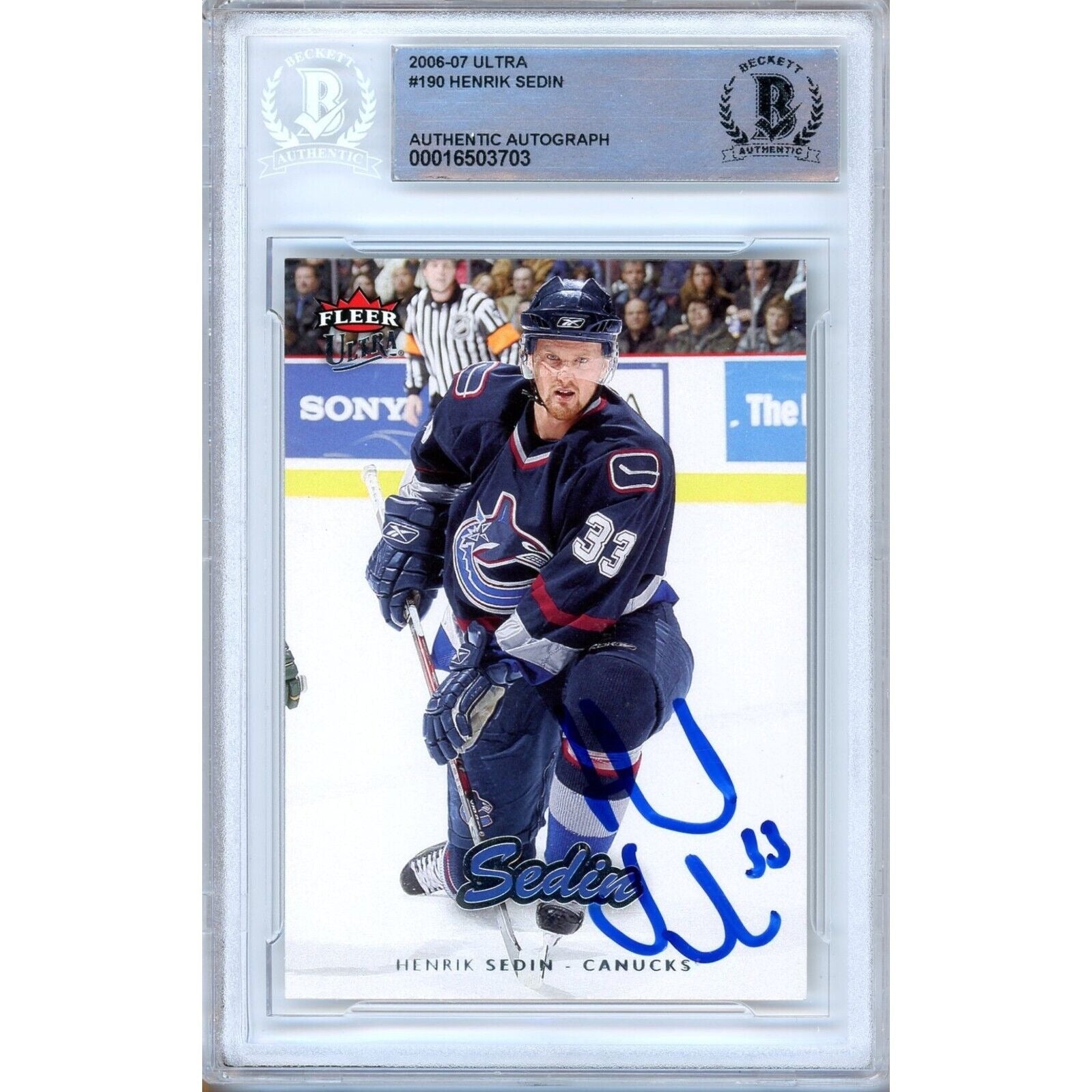 Hockey- Autographed- Henrik Sedin Vancouver Canucks Signed 2006-07 Fleer Ultra Hockey Card Beckett Authentic Auto Slab Front