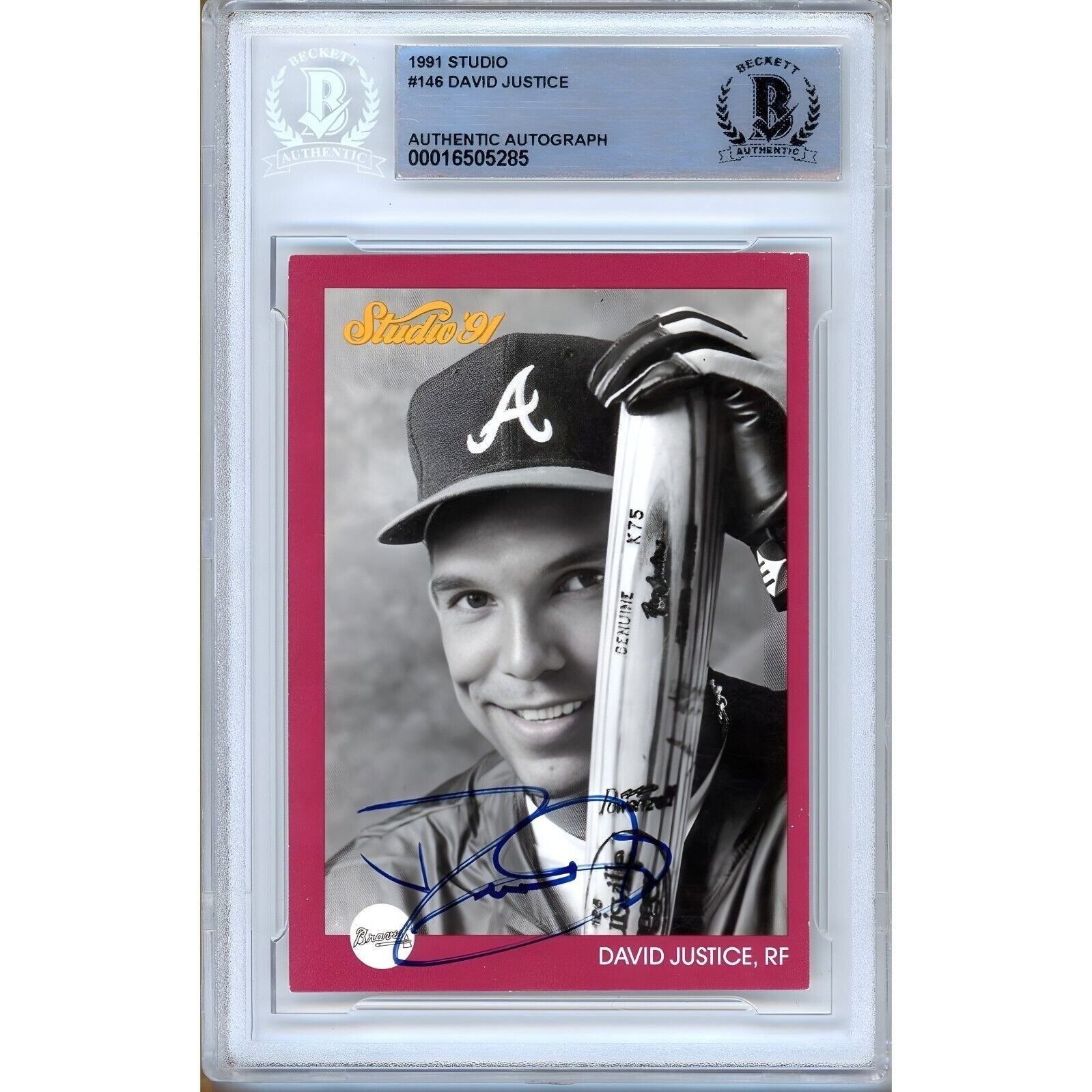 Baseballs- Autographed- David Justice Atlanta Braves Signed 1991 Donruss Studio Baseball Card Beckett Authentic Auto Slab Front