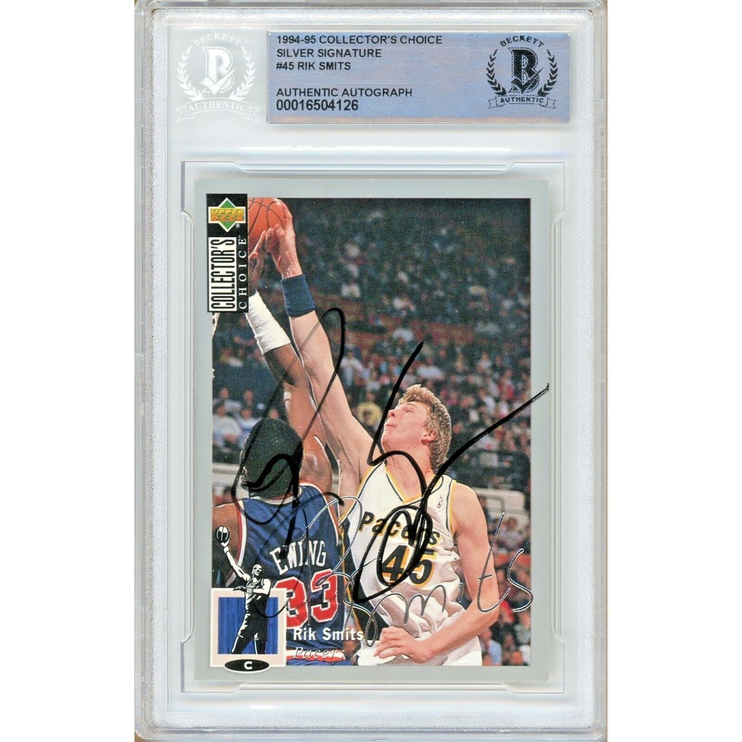 Basketballs- Autographed- Rik Smits Indiana Pacers Signed 1995-95 Upper Deck Collectors Choice Silver Signature Trading Card Beckett Authentic Auto Slab Front