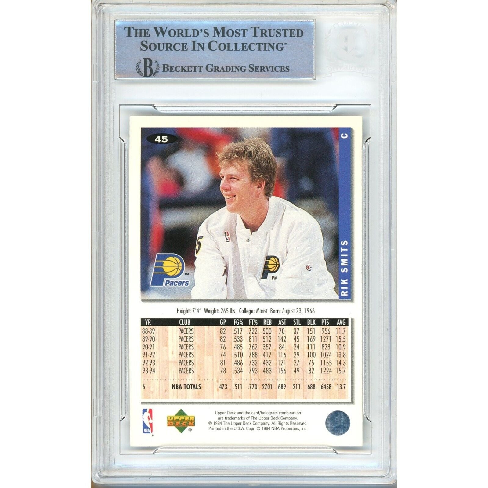 Rik Smits Indiana Pacers signed trading card – signature close-up – Beckett COA