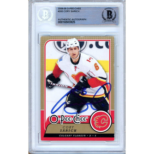 Hockey- Autographed- Cory Sarich Calgary Flames Signed 2008-09 O-Pee-Chee Hockey Card Beckett Authentic Auto Slab Front