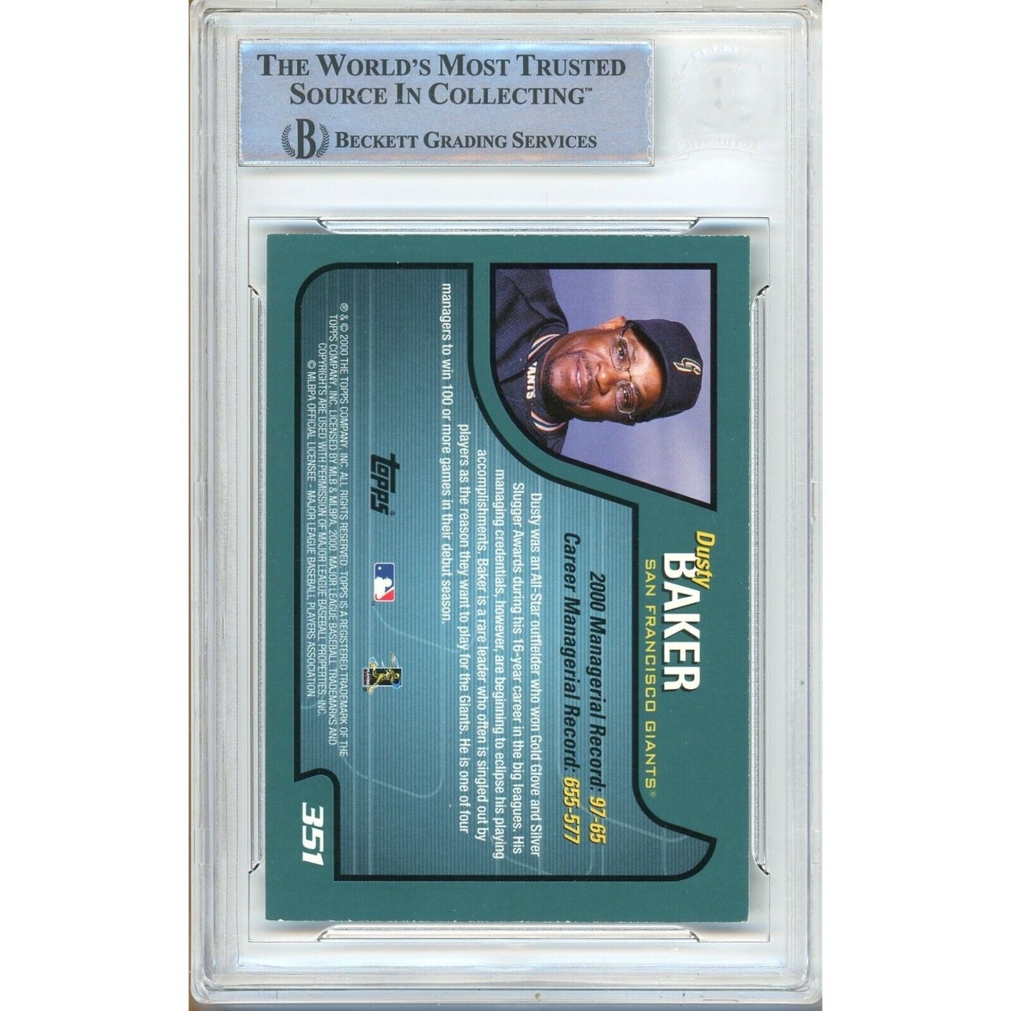 Baseballs- Autographed- Dusty Baker San Francisco Giants Signed 2001 Topps Baseball Card Beckett Authenticated Auto Slab Back