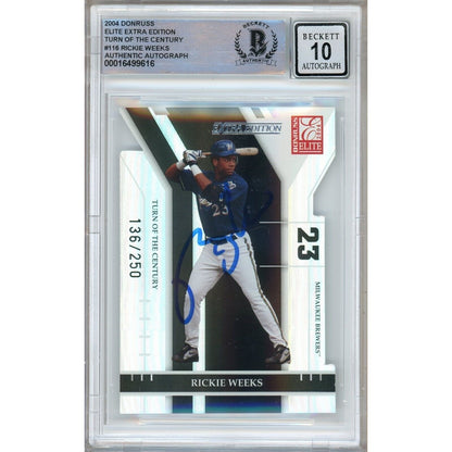 Baseballs- Autographed- Rickie Weeks Milwaukee Brewers Signed 2004 Donruss Elite Turn of the Century Trading Card Beckett Authentic BGS Auto-10 Graded Slab Front