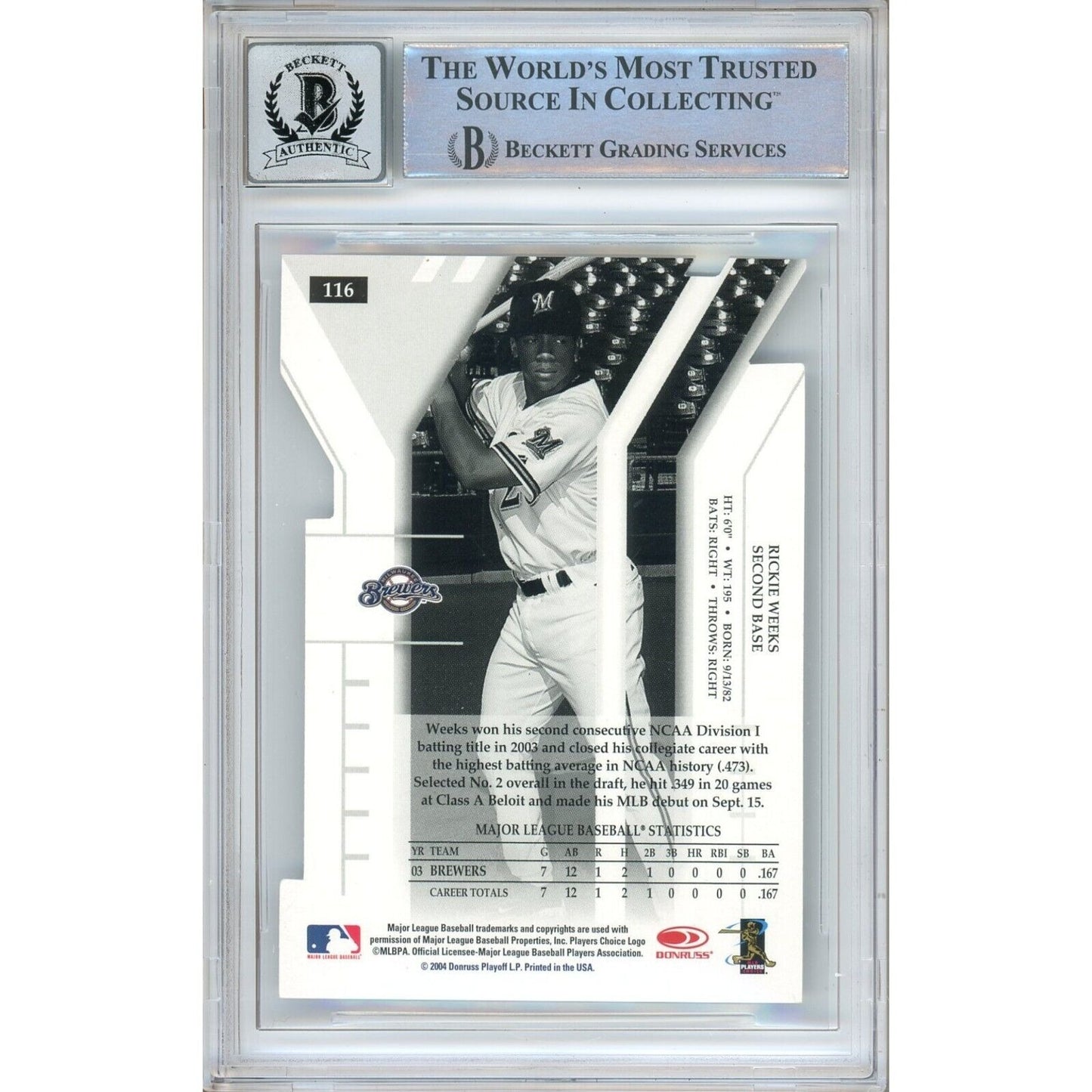 Baseballs- Autographed- Rickie Weeks Milwaukee Brewers Signed 2004 Donruss Elite Turn of the Century Trading Card Beckett Authentic BGS Auto-10 Graded Slab Back