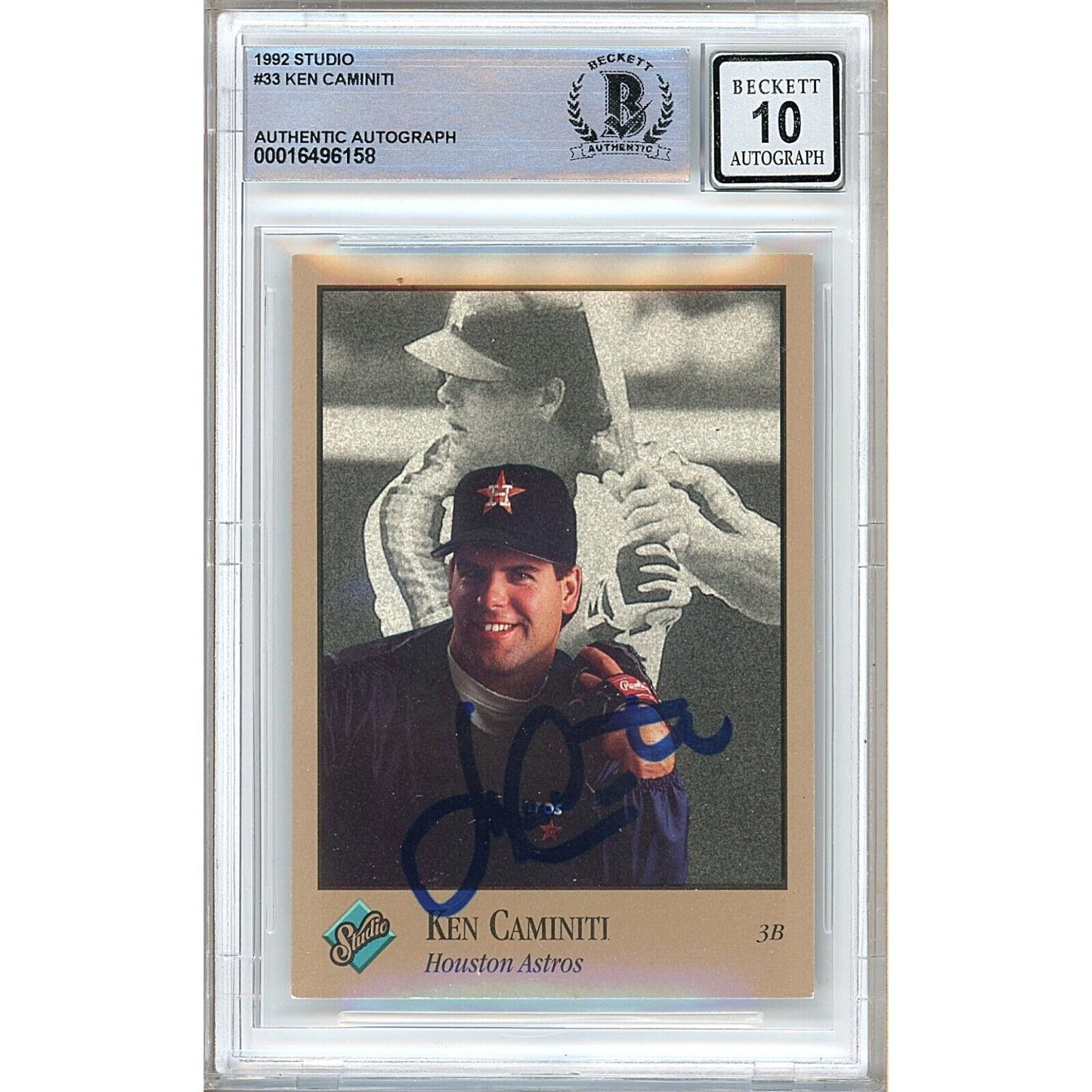 Baseballs- Autographed- Ken Caminiti Houston Astros Signed 1992 Donruss Studio Baseball Card Beckett Authentic BGS Auto-10 Graded Slab Front