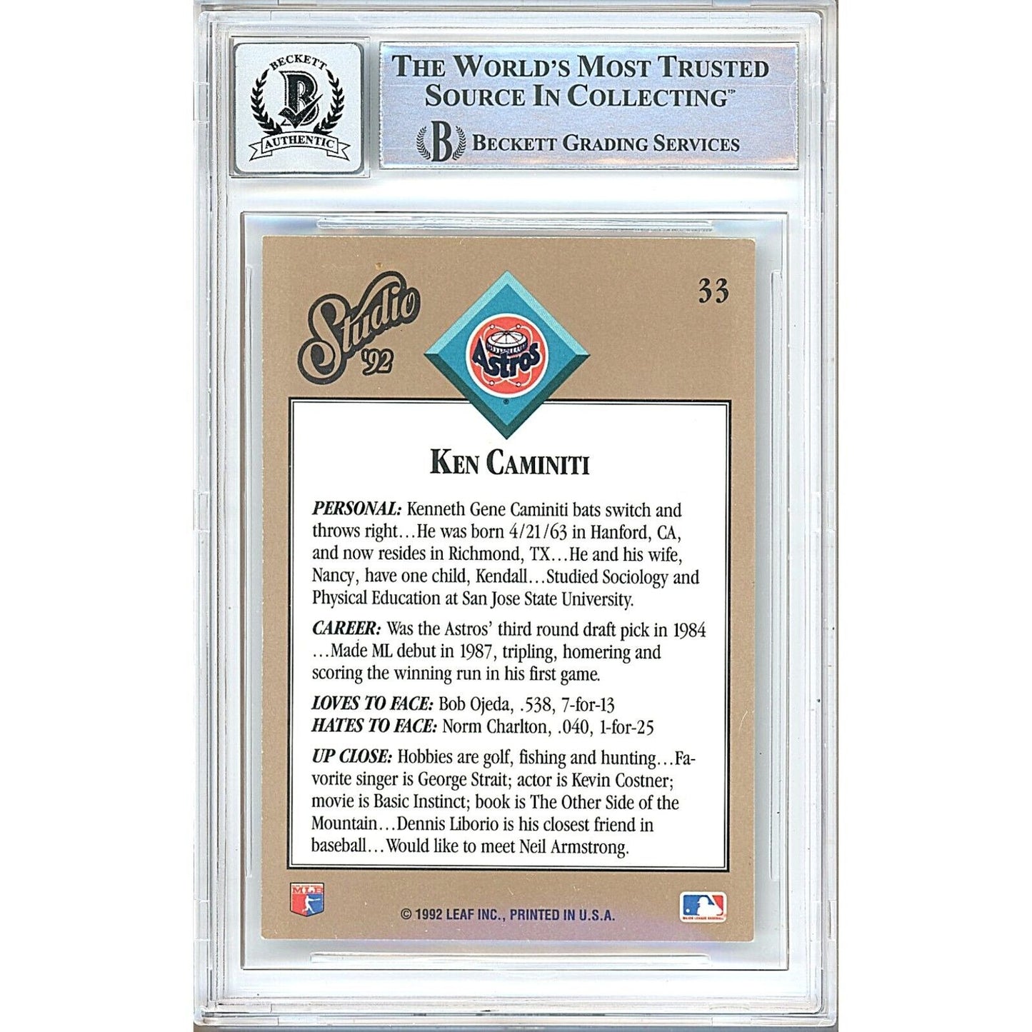 Baseballs- Autographed- Ken Caminiti Houston Astros Signed 1992 Donruss Studio Baseball Card Beckett Authentic BGS Auto-10 Graded Slab Back