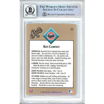 Baseballs- Autographed- Ken Caminiti Houston Astros Signed 1992 Donruss Studio Baseball Card Beckett Authentic BGS Auto-10 Graded Slab Back